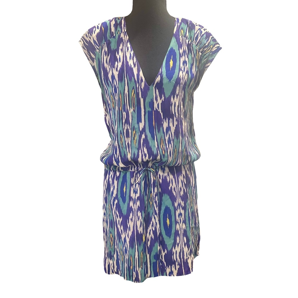 Rory Beca Womens Purple Teal Ikat 100% Silk V-Neck Drawstring Waist Dress Size S